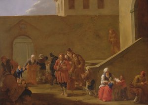 Straatscène met monniken die voedsel uitdelen aan de armen